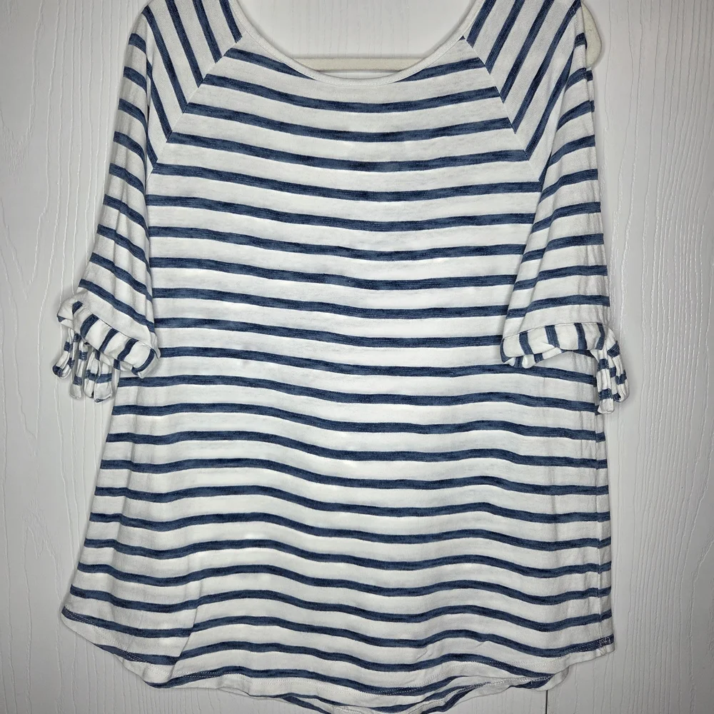 Jane & Delancey Navy White Striped Tie Sleeve Top L Nautical Coastal